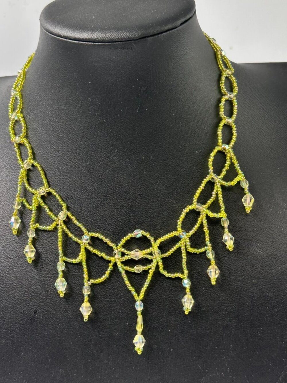 3/$30 Beaded Bib Necklace Green Seed Bead Faceted Dangle Statement Boho Festival